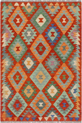 Flat Weave Kilim Antique Navaho Vintage handmade Geometric Kilim Rust Blue Hand-Woven Rectangle 100% Wool Area Rug 3x5